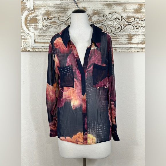 Robert Rogriguez floral sheer dark blue chiffon blouse size Large - Picture 1 of 8